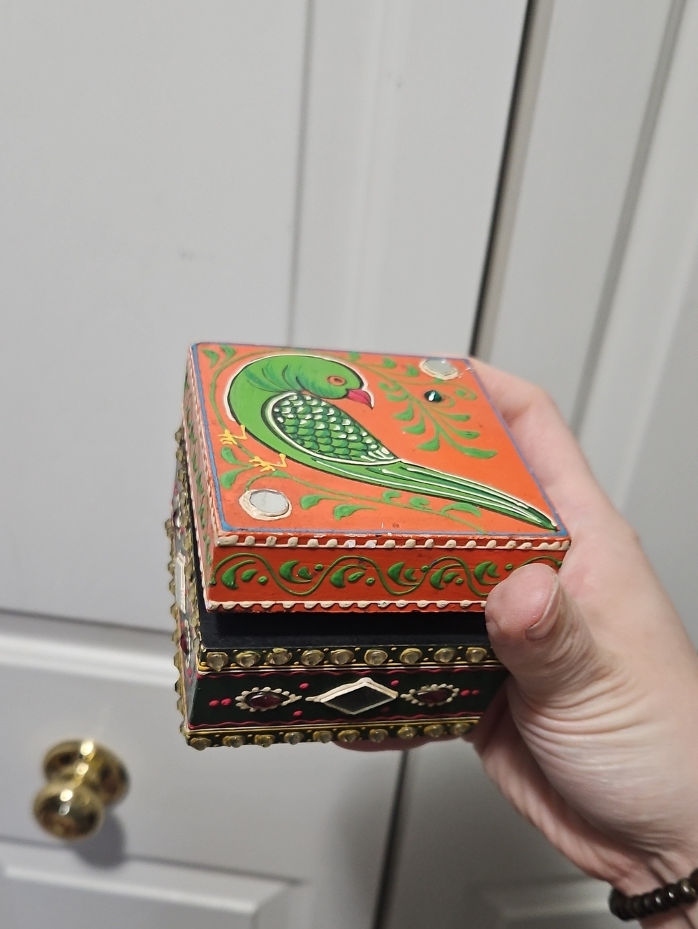 Artsian Ooak Green Parrot Wooden Trinket Box